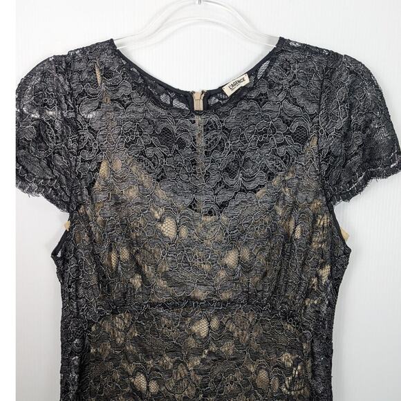 L’Agence Sheer Black Silver Lace Sheath Dress w/ Tan Silk Slip Short Sleeve 10 - Picture 4 of 11